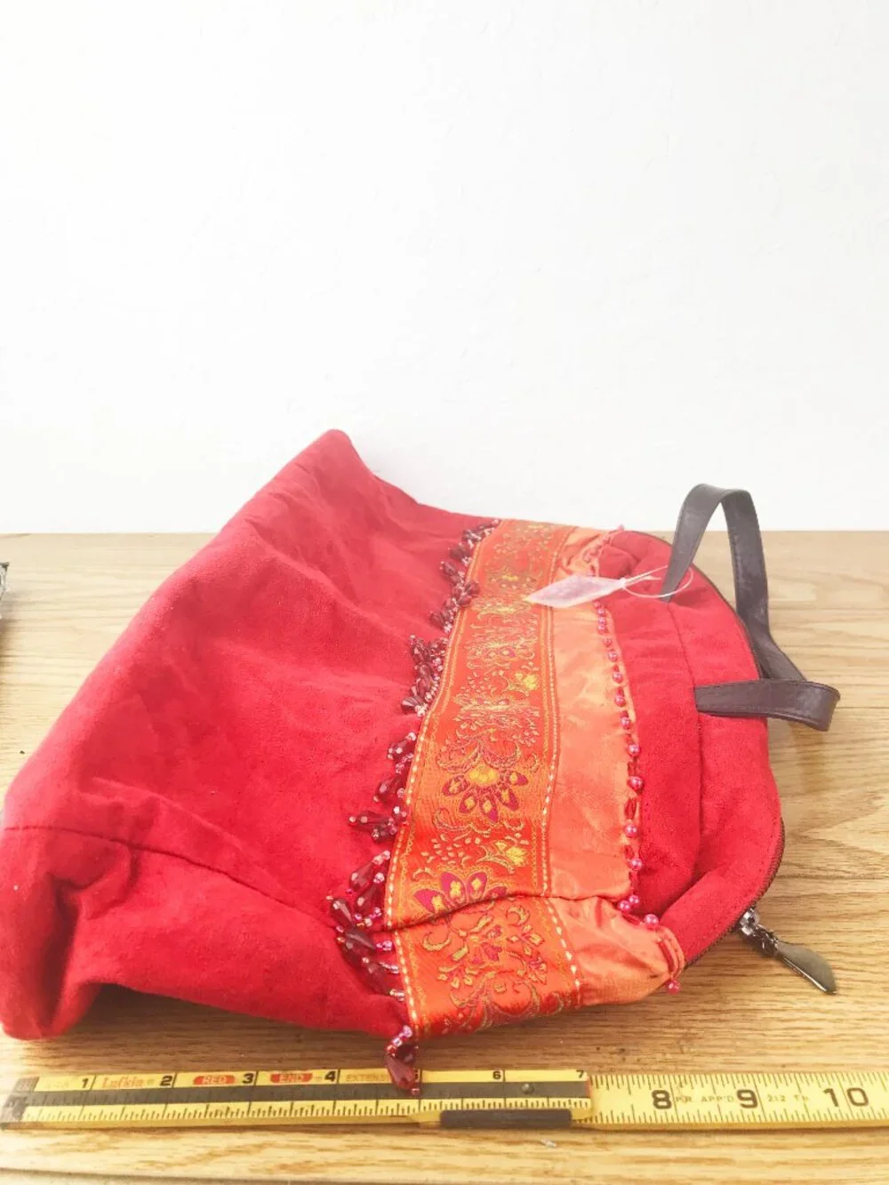 Mountain Mama's Red Suede Feel Tote Bag – Embroidered Trim Beaded Fringe